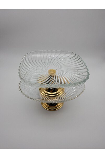Fiyakalı Ürünler Atölyesi 2-Piece Gold Footed Ellipse and Square Glass Serving Bowl, Wrap, Stuffed, Salad, Fruit, and Cake Stand, Dowry Bowl