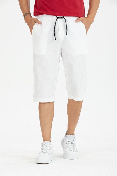 Wise Men's Cotton Linen Capri - Below the Knee Elastic Waist Long Shorts