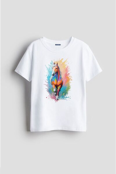 Darkia تي شيرت للأطفال للجنسين - تصميم مجموعة طلاء زيت الحصان الملون المطبوع