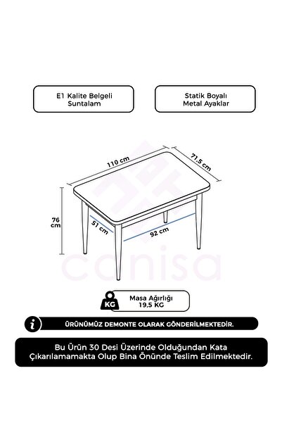 Canisa Nil Serisi Beyaz Mermer Desen 70x110 Sabit Yemek Masası Metal Ayak