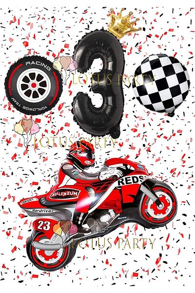 LOTUS PARTY 3 Year Old Birthday Motorcycle Racing Themed Set - Black Figure Foil Balloon Wheel