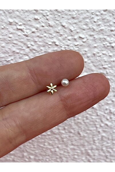 ds denizden silver Gümüş Incili Çiçekli Mini Küpe Seti