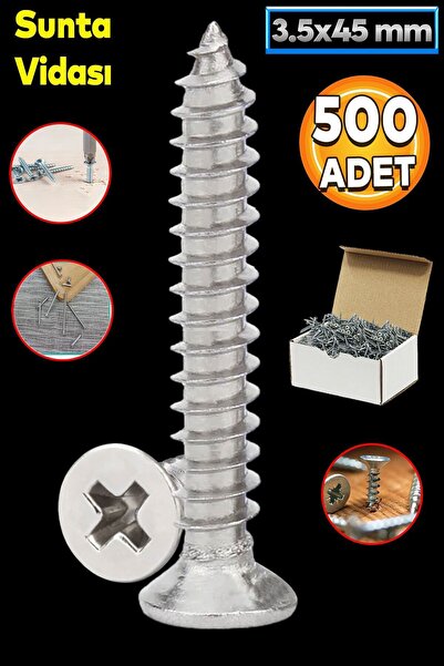 Badem10 Sunta Vidası 3.5x45 Mm Paket 500 Adet Sivri Uçlu Ahşap Tahta Ağaç Mob...