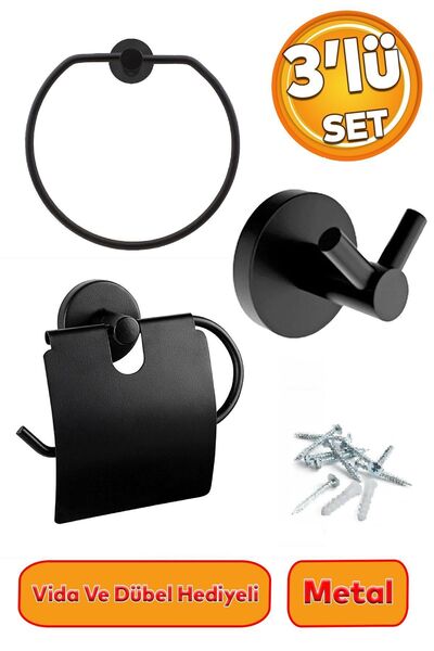 Badem10 Siyah Metal Sağlam Aparat Vidalı Lavabo Banyo Wc Bez Havlu Çatal Askı...