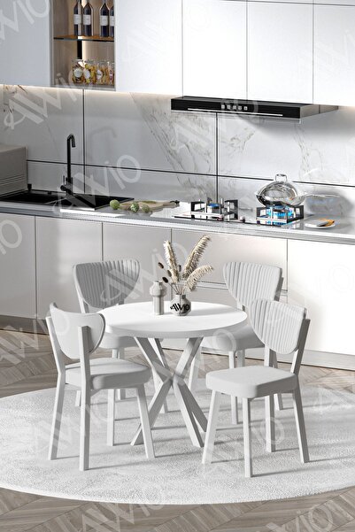 AVVİO ARTE  Beyaz Elma Sandalye 90X90 Yuvarlak Yemek Masası Mutfak Masası 4 K...