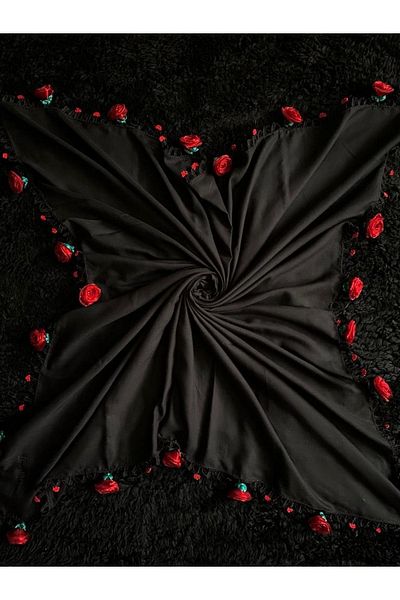 Beykan Reyyan Silk Scarf Cheesecloth Κόκκινο τριαντάφυλλο με σετ χάντρες προσευχής