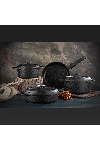 OMS Quartz Prime 3050 7 Piece Set - Biogranite Cast Pot Black Body Platinum Detailed