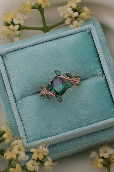 passion silver Zümrüt Taşlı Sarmaşık 14 Ayar Rose Altın Kaplama Kadın Yüzük