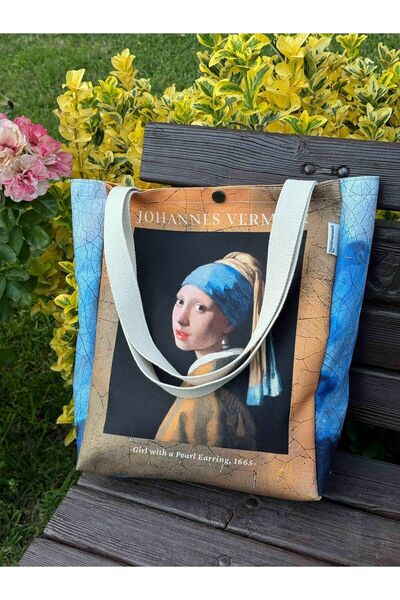 pamukcanta İnci Küpeli Kız Kanvas Bez Çanta Yıkanabilir Metal Çıtçıtlı Cepli