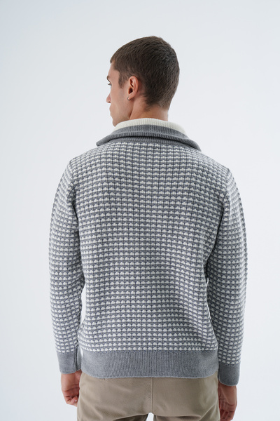 Trist Star Men's Gray Truck Collar - Jacquard Three Color Zippered Knitwear Sweater TRIST-5340