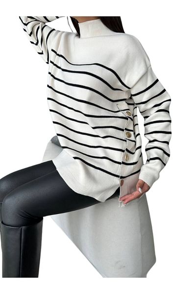 WOMAN VISION Metal Buttoned Striped Half Turtleneck Women's Knitwear Sweater - 105