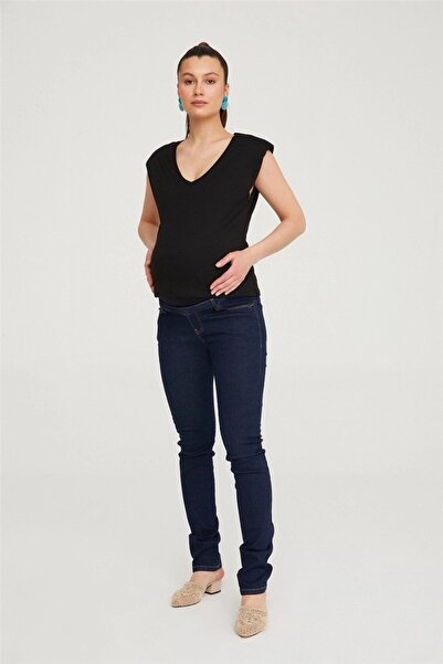 VAVIEN Hamile Jean Likralı Denim Pantolon Slim Fit Koyu Mavi 1012