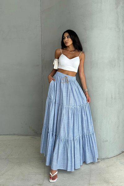 Ortaya Çık Long Linen Skirt - Blue, Layered and Elastic Waist
