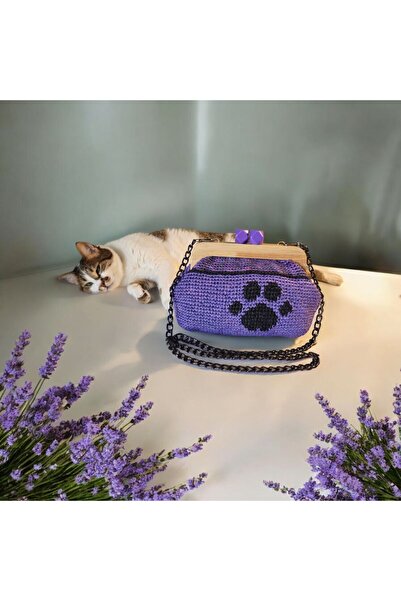 Pati Desenli,Ahşap Burslu, Mor Siyah El Yapimi Clutch Çanta