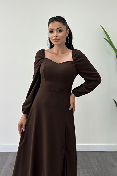 giyimmasalı Krep Kumaş Kalp Yaka Midi Elbise - KAHVERENGİ