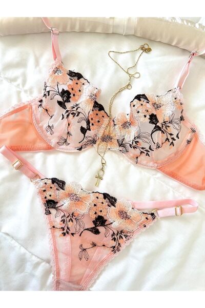 Feruzdesign Lisa Flower Patterned Powder Color Bra Set
