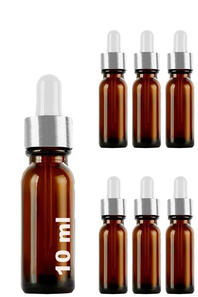 Afracam 10 ml Amber Cam Damlalık Serum Şişesi 10 Cc Gümüş Metal Kapaklı Kahve...