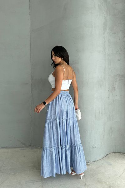 Ortaya Çık Long Linen Skirt - Blue, Layered and Elastic Waist