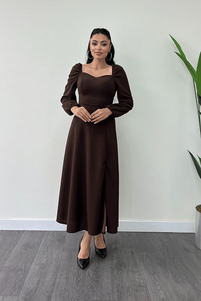 giyimmasalı Heart Collar Midi Crepe Dress - BROWN