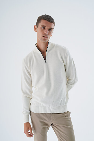 Trist Star %Екрю Чоловічий %100 бавовняний трикотаж із застібкою-блискавкою та високим коміром, кофта- Trist-1191