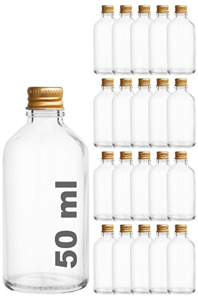 Afracam 50 ml Şeffaf Metal Gold Kapak Shot Şişesi 50 Cc Kolonya Koku Hediyelik Beyaz Cam Şişe 20 Adet