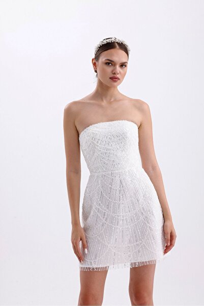 Tangül&Ali'S Moda Evi Balon Kollu Işlemeli Beyaz Straplez Mini Elbise