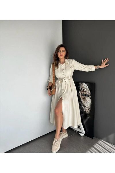 Butik Kadın Ekru Uzun Düğmeli Gömlek Elbise