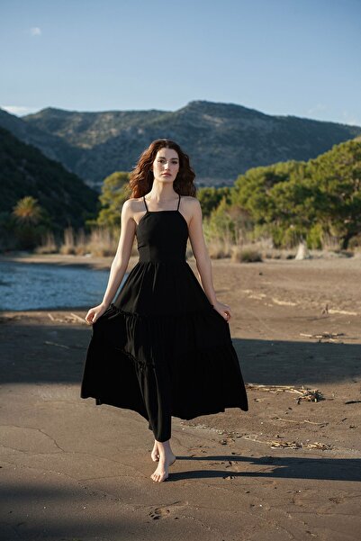 NEFS Design Sırt Detaylı Halter Yaka Uzun Keten Elbise Siyah