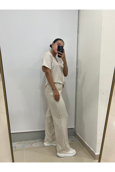 by-deryaaydin Linen Blended Elastic Loose Fit Pants-Shirt Set Stone Color