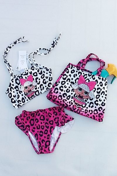 uz shop Φούξια ροζ κοριτσίστικο σετ μπικίνι με στάμπα λεοπάρ παραλίας με τσάντα