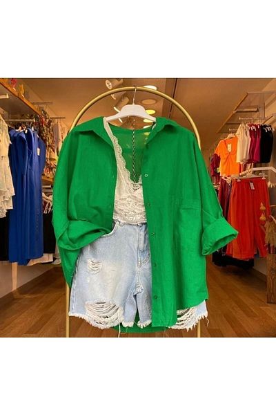 HC Boutique Υπερμεγέθη λινό πουκάμισο - Μεγάλη μονή τσέπη, νέο μοντέλο