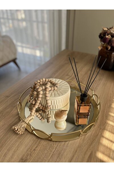 Metalist Tasarım Dora Dekoratif Aynalı Tepsi Yuvarlak Mat Gold 36cm