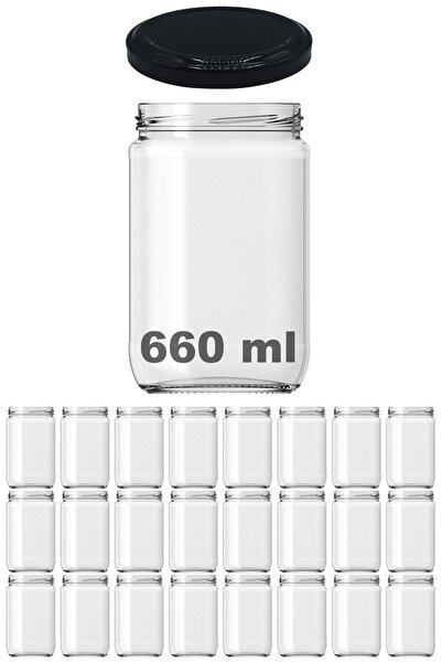 Afracam 660 ml Metal Siyah Konserve Kapaklı 660 Cc Şeffaf Cam Kavanoz 24 Adet