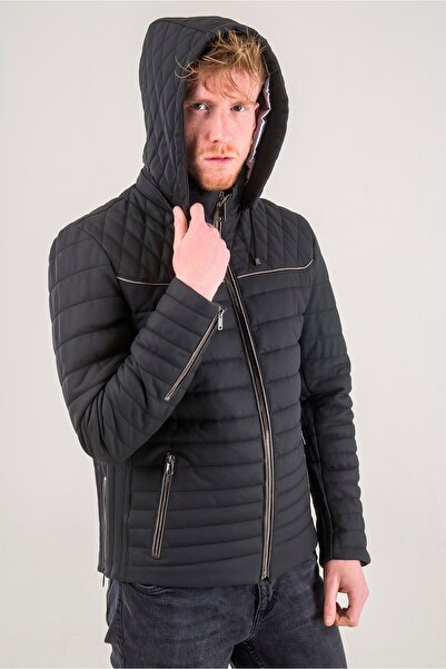 Ata Leather A-501 Erkek Hakiki Deri Kapşonlu Mont Siyah Renk