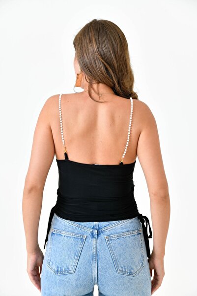 lovebox Sandy Fabric Beige Blouse - Pearl Strap, Drawstring Design 10436