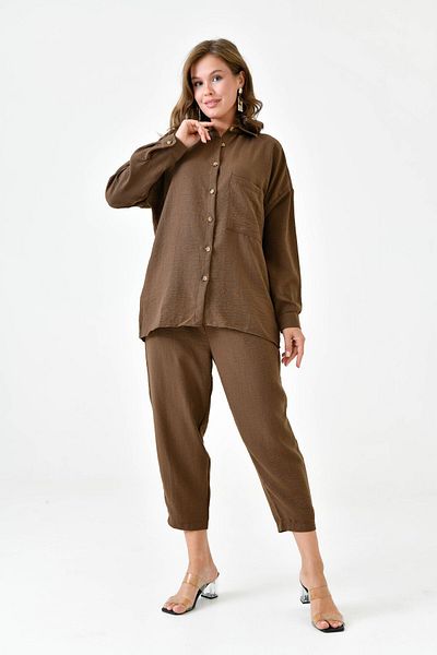 lovebox Linen Women's Shirt and Trousers Set - Oversize Brown, Single Pocket 10277