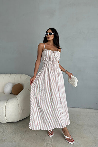 Ortaya Çık Bej İp Askılı Gipeli Çizgili Elbise