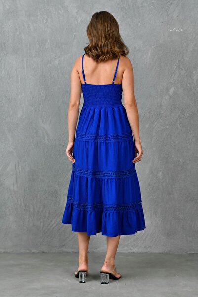 bayansepeti Blue V-Neck Guipure and Gipe Detailed Adjustable Strap Midi Evening Dress 10750