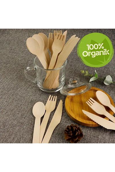 Konsept Sepeti 30 Pieces DisposaBle nAtural Wooden Board - Spoon and knife Set, for Birthday and Party Picnic