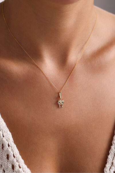 Gianfranco 14 Ayar Altın Siyah Taşlı Line Baykuş Kilitli Charm Kolye Ucu