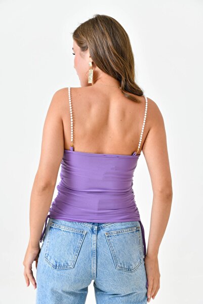 lovebox Sandy Fabric Beige Blouse - Pearl Strap, Drawstring Design 10436