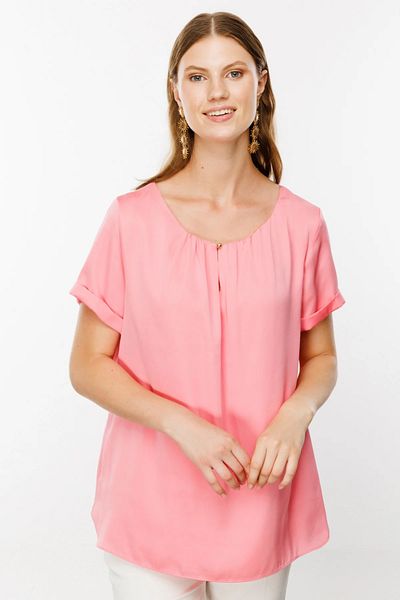 Ekol Plus Size Single Button Satin Blouse 1640 - Pink