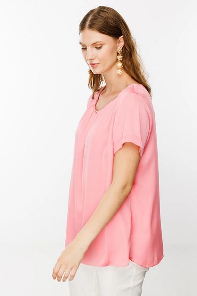 Ekol Plus Size Single Button Satin Blouse 1640 - Pink