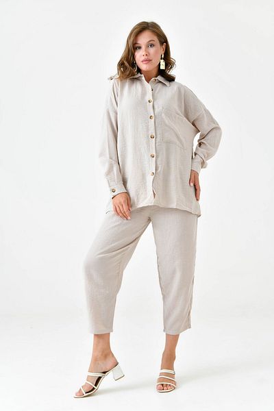 lovebox Linen Fabric Beige Oversize Shirt and Trousers Set - Single Pocket 10277
