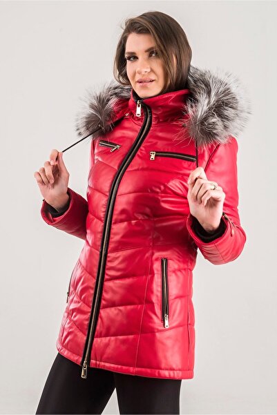 Ata Leather Sd-01 Kadın Hakiki Deri Şişme Mont Kırmızı Renk