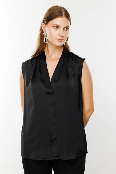Ekol V-Neck Black Satin Women's Blouse - Plus Size 1514