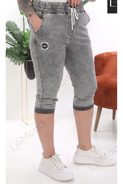 AKŞEN GİYİM Large Size Women's Capri Pants with High Waist and Lace Detail - Lycra and Jeweled Denim