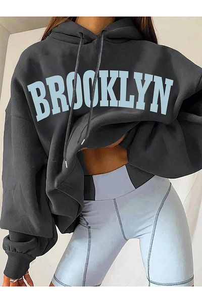Benisengiydir Anthracite Hooded Oversize Women's Sweatshirt - Brooklyn Printed