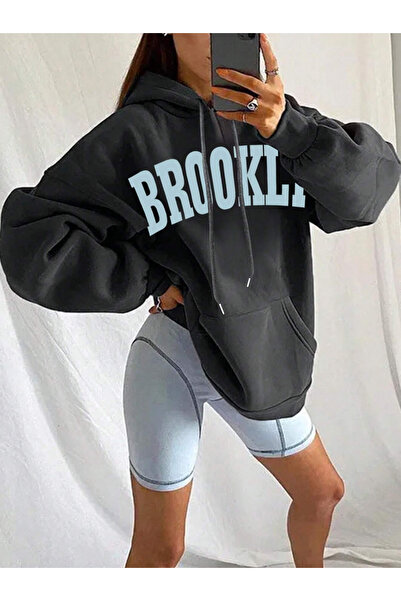 Benisengiydir Anthracite Hooded Oversize Women's Sweatshirt - Brooklyn Printed