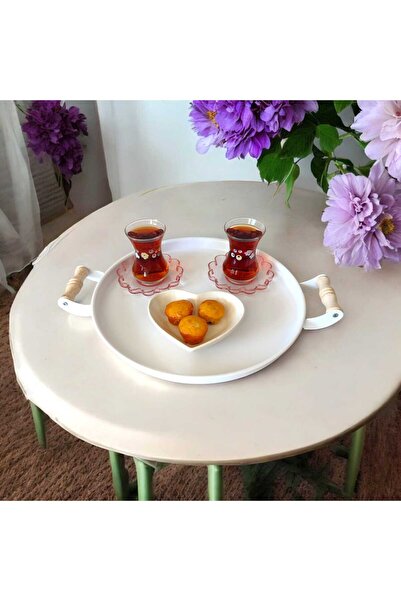 EceAksesuar 30 cm Metal Tea Tray - Wooden Handle, Coffee and Presentation Tray